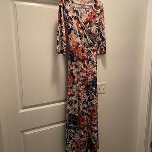 Pink blush maternity 3/4 sleeve floral faux wrap maxi dress
